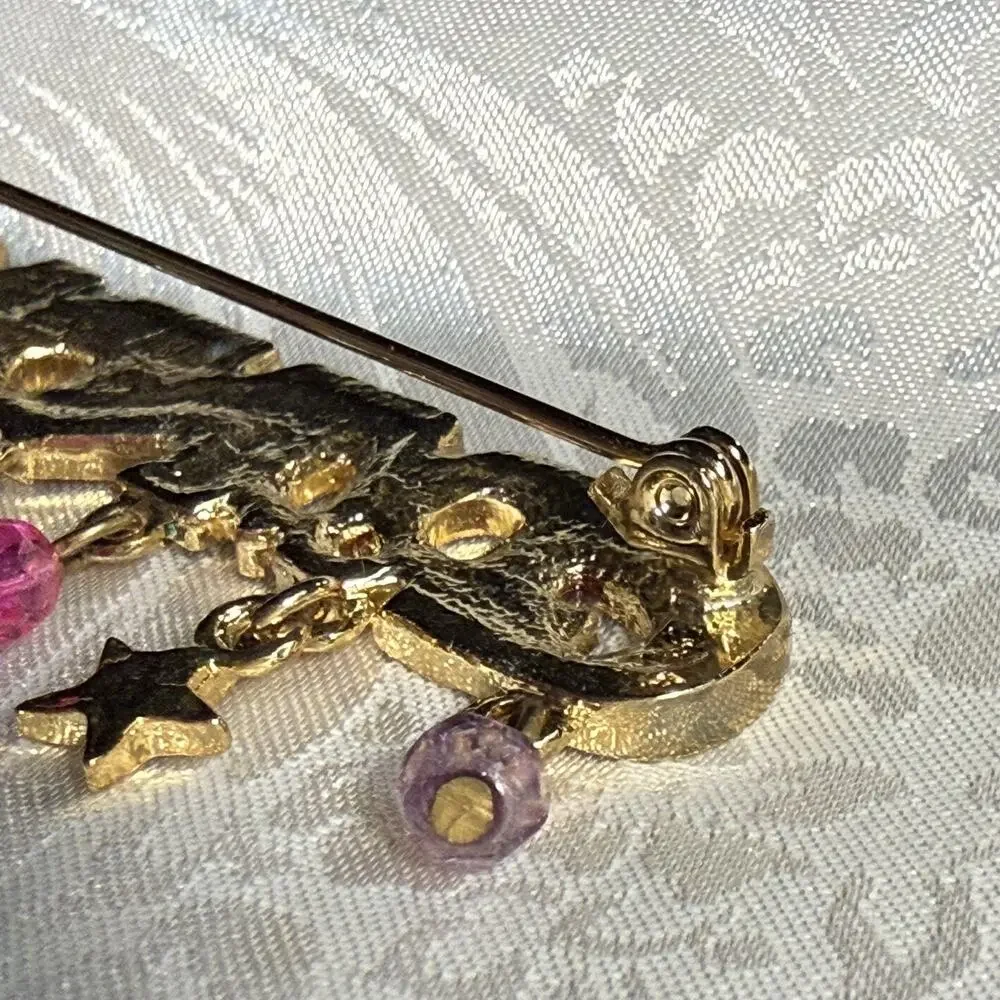 Vintage Gold Tone Enamel Grandma Brooch Star Charms Dangle Beads 2 Inches